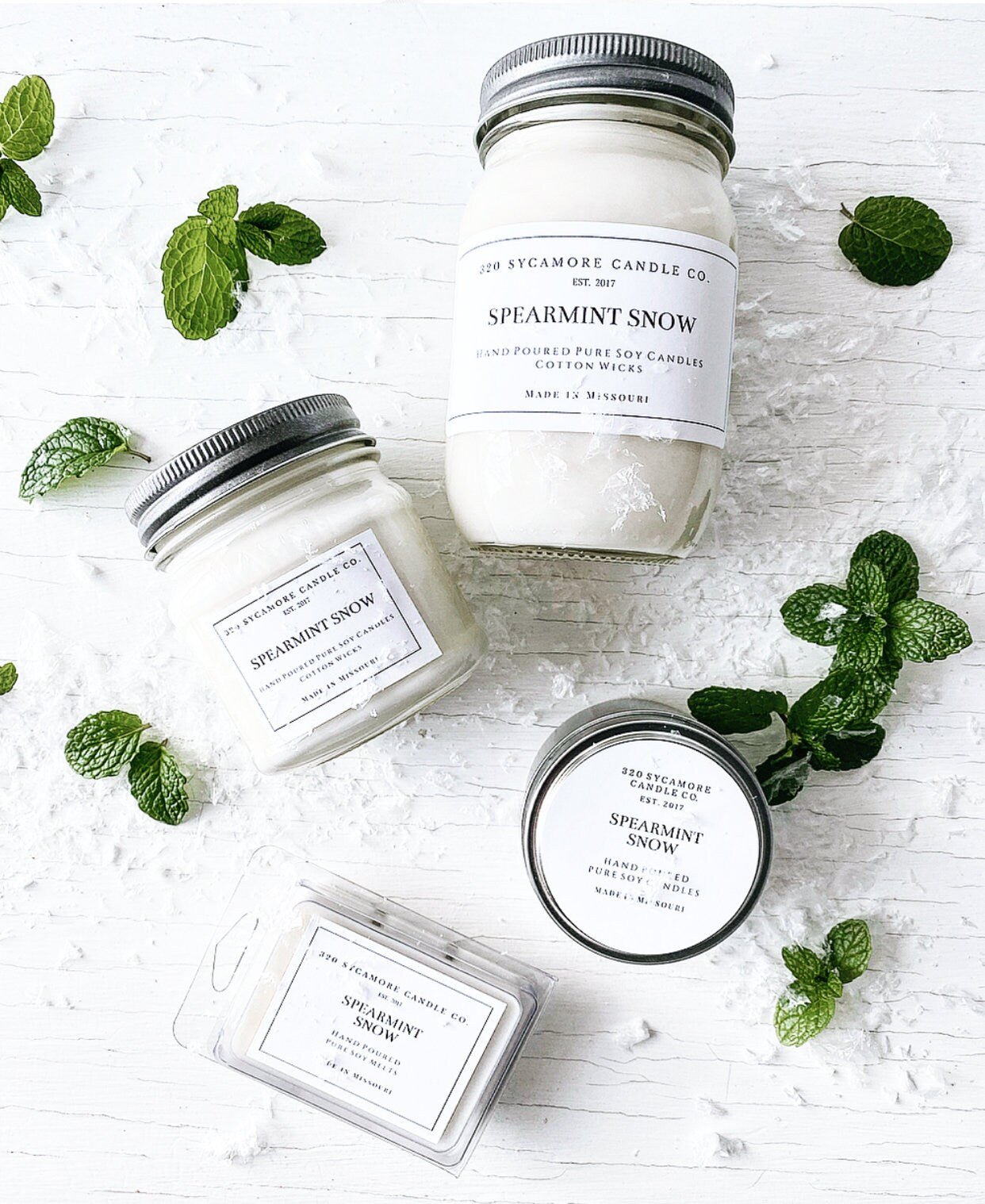 Spearmint Snow Hand Poured Pure Soy Candles and Melts